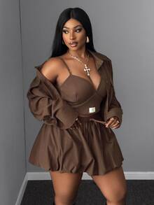 Mawevolt 2pcs/Set Women Plus Size Casual Collared Jacket And High Waist Pleated Skirt, Autumn/Winter Fall - Brown - View 3