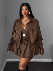 Mawevolt 2pcs/Set Women Plus Size Casual Collared Jacket And High Waist Pleated Skirt, Autumn/Winter Fall - Brown - View 2