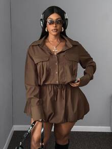 Mawevolt 2pcs/Set Women Plus Size Casual Collared Jacket And High Waist Pleated Skirt, Autumn/Winter Fall - Brown - View 4