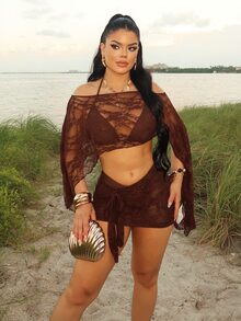Dayanna Comas Setelan 2 Potong Gaya Boho Romantis Terbaru: Atasan Penutup Bahu Asimetris Berenda Transparan & Rok Mini Ikat Pinggang untuk Wanita - Coklat - View 6