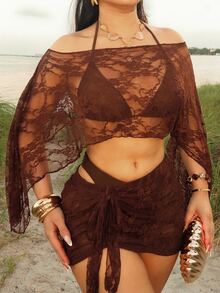 Dayanna Comas Setelan 2 Potong Gaya Boho Romantis Terbaru: Atasan Penutup Bahu Asimetris Berenda Transparan & Rok Mini Ikat Pinggang untuk Wanita - Coklat - View 3