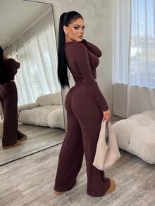 Dayanna Comas Women Coffee Brown 2-Piece Set,Fall Winter Casual Everyday Plush Ribbed Fabric,Waist Ruching Adjustable Drawstring Open Front Long Sleeve - Brown - View 2