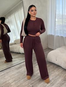 Dayanna Comas Women Coffee Brown 2-Piece Set,Fall Winter Casual Everyday Plush Ribbed Fabric,Waist Ruching Adjustable Drawstring Open Front Long Sleeve - Brown - View 3