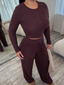 Dayanna Comas Women Coffee Brown 2-Piece Set,Fall Winter Casual Everyday Plush Ribbed Fabric,Waist Ruching Adjustable Drawstring Open Front Long Sleeve - Brown - View 4