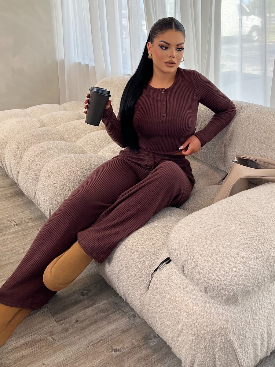 Dayanna Comas Women Coffee Brown 2-Piece Set,Fall Winter Casual Everyday Plush Ribbed Fabric,Waist Ruching Adjustable Drawstring Open Front Long Sleeve - Brown - View 1