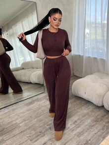 Dayanna Comas Women Coffee Brown 2-Piece Set,Fall Winter Casual Everyday Plush Ribbed Fabric,Waist Ruching Adjustable Drawstring Open Front Long Sleeve - Brown - View 6