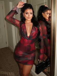 Dayanna Comas Women's Black Red Floral Mesh Pattern Print Plunging Neck Long Sleeve Mini Dress,Autumn Techno Club Night Rave Music Festival Casual Vacation - Burgundy - View 6