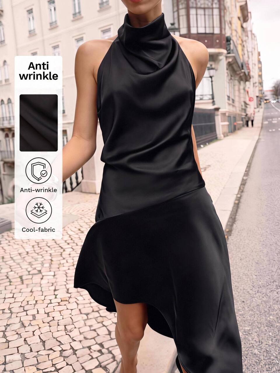 SHEIN Maija Black Halter Neck Satin Fitted Waist Midi Dress With Asymmetrical Hem And Lace Patchwork, Elegant Sexy Urban Modern Party Date Night Gathering Summer