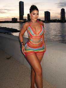 Dayanna Comas New Vacation-Style Red & Colorful Knitted Mini Dress For Women - Multicolor - View 2