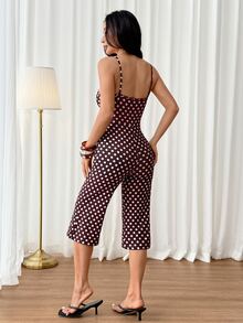 SHEIN PETITE 女款波點印花細肩帶連身褲 - 棕色 - 查看 2