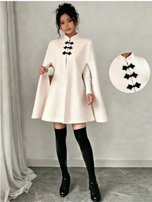 SHEIN Teen Girls Fleece Fall Clothes Chinese Style Frog Button Wool Cape Coat, Warm Outerwear For Autumn Winter Travel - Apricot - View 8