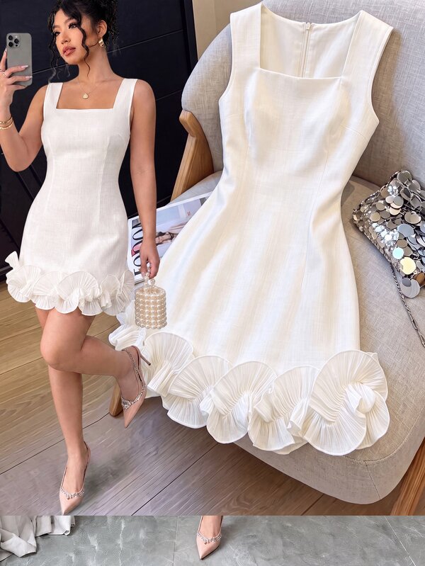 GlowEve CURVE Plus Size Women's Fashion Casual Elegant Summer White Square Neck Sleeveless Cinched Waist Flattering Curves Wide Straps Side-Boob Coverage 3D Ruffle Petal Hem Short Dress Gentle Elegant