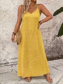SHEIN LUNE Plus Size Casual Solid Color Spaghetti Strap Dress - Yellow - View 4