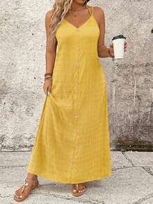 SHEIN LUNE Plus Size Casual Solid Color Spaghetti Strap Dress - Yellow - View 3