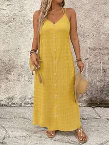 SHEIN LUNE Plus Size Casual Solid Color Spaghetti Strap Dress - Yellow - View 5