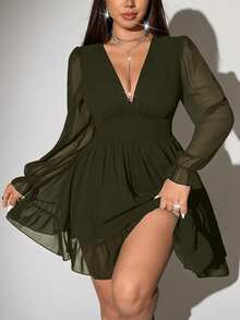 Viva Relle Plus Size Sexy Deep V-Neck Ruffle Dress - Army Green - View 2