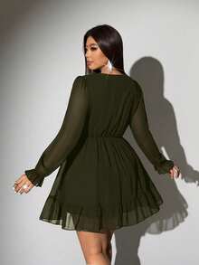 Viva Relle Plus Size Sexy Deep V-Neck Ruffle Dress - Army Green - View 7