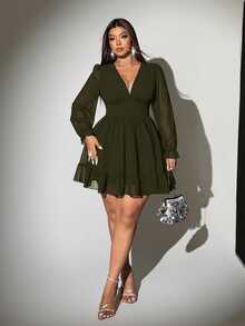 Viva Relle Plus Size Sexy Deep V-Neck Ruffle Dress - Army Green - View 4