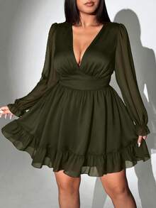Viva Relle Plus Size Sexy Deep V-Neck Ruffle Dress - Army Green - View 1