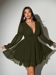 Viva Relle Plus Size Sexy Deep V-Neck Ruffle Dress - Army Green - View 6