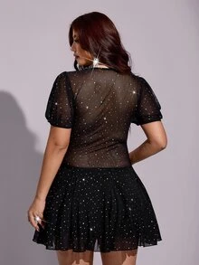 Viva Relle Plus Size Rhinestone Mesh Mini Dress Puff Short Sleeve Underwire Bust Flowy Skirt Night Out Club Party Black And White Summer Sexy - Black - View 2