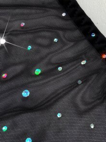Viva Relle Plus Size Rhinestone Mesh Mini Dress Puff Short Sleeve Underwire Bust Flowy Skirt Night Out Club Party Black And White Summer Sexy - Black - View 5
