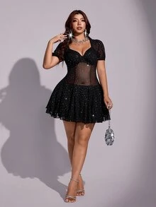 Viva Relle Plus Size Rhinestone Mesh Mini Dress Puff Short Sleeve Underwire Bust Flowy Skirt Night Out Club Party Black And White Summer Sexy - Black - View 4