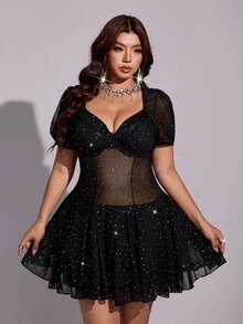 Viva Relle Plus Size Rhinestone Mesh Mini Dress Puff Short Sleeve Underwire Bust Flowy Skirt Night Out Club Party Black And White Summer Sexy - Black - View 1