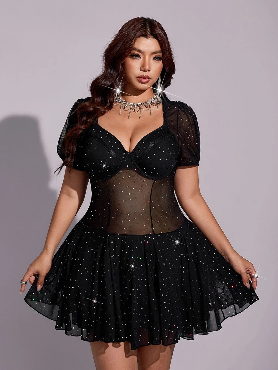 Viva Relle Plus Size Rhinestone Mesh Mini Dress Puff Short Sleeve Underwire Bust Flowy Skirt Night Out Club Party Black And White Summer Sexy - Black - View 1
