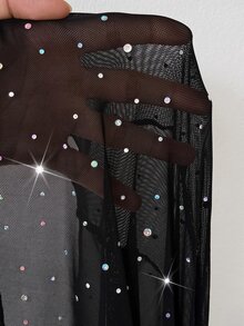 Viva Relle Plus Size Rhinestone Mesh Mini Dress Puff Short Sleeve Underwire Bust Flowy Skirt Night Out Club Party Black And White Summer Sexy - Black - View 6
