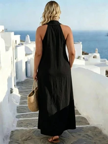 Linhara CURVE Plus Size Solid Color Pocket Dress For Beach Vacation - Black - View 2