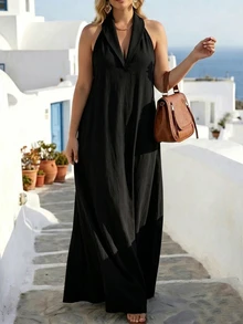 Linhara CURVE Plus Size Solid Color Pocket Dress For Beach Vacation - Black - View 3