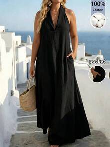 Linhara CURVE Plus Size Solid Color Pocket Dress For Beach Vacation - Black - View 5