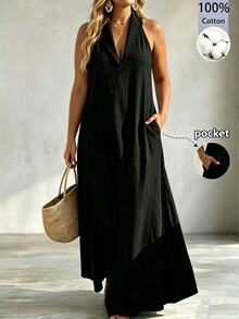 Linhara CURVE Plus Size Solid Color Pocket Dress For Beach Vacation - Black - View 1