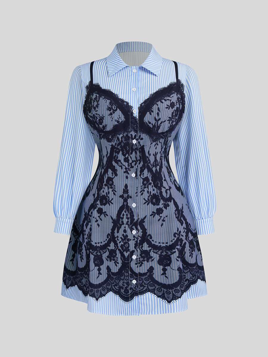Sweetra Gaun Kemeja Kasual Gelap Lengan Pendek Tenun dengan Motif Digital - Biru - View 1