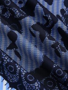 Sweetra Gaun Kemeja Kasual Gelap Lengan Pendek Tenun dengan Motif Digital - Biru - View 4