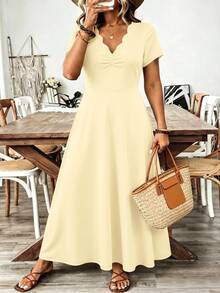 Breezaya 女款大尺碼波浪領時尚通勤長洋裝 - 卡其色 - 查看 1