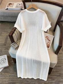 GlowEve CURVE Plus Size Women's Elegant Fishnet Hollow Out Round Neck Pullover Knit Short Sleeve High Slit Dress, Outing, Date Vacation, Summer - White - View 2