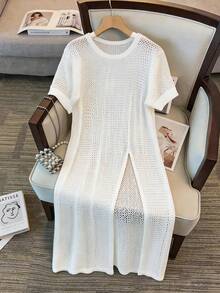 GlowEve CURVE Plus Size Women's Elegant Fishnet Hollow Out Round Neck Pullover Knit Short Sleeve High Slit Dress, Outing, Date Vacation, Summer - White - View 4