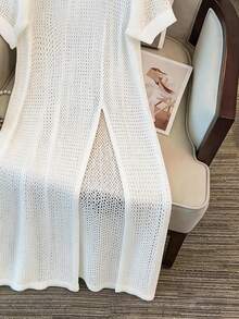 GlowEve CURVE Plus Size Women's Elegant Fishnet Hollow Out Round Neck Pullover Knit Short Sleeve High Slit Dress, Outing, Date Vacation, Summer - White - View 3