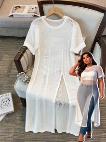 GlowEve CURVE Plus Size Women's Elegant Fishnet Hollow Out Round Neck Pullover Knit Short Sleeve High Slit Dress, Outing, Date Vacation, Summer - White - View 1