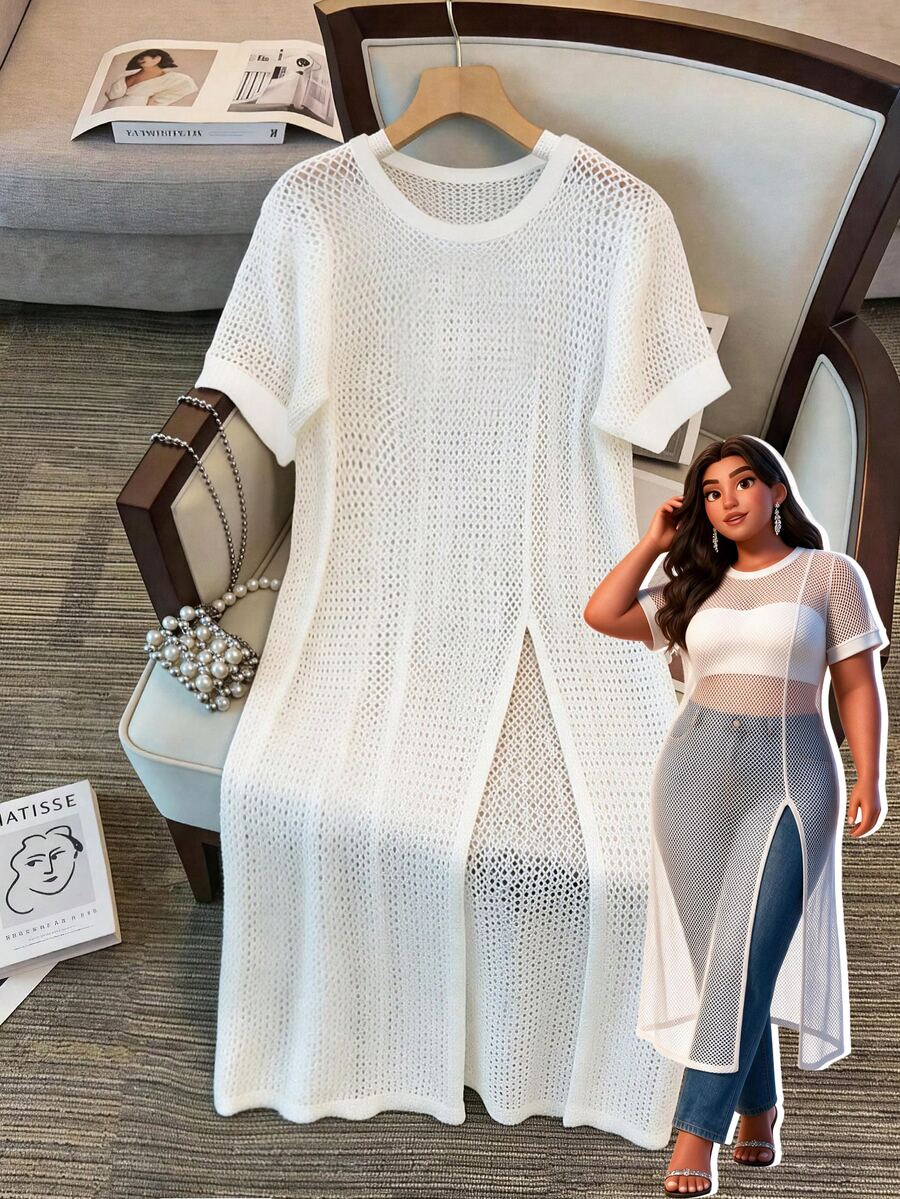 GlowEve CURVE Plus Size Women's Elegant Fishnet Hollow Out Round Neck Pullover Knit Short Sleeve High Slit Dress, Outing, Date Vacation, Summer - White - View 1