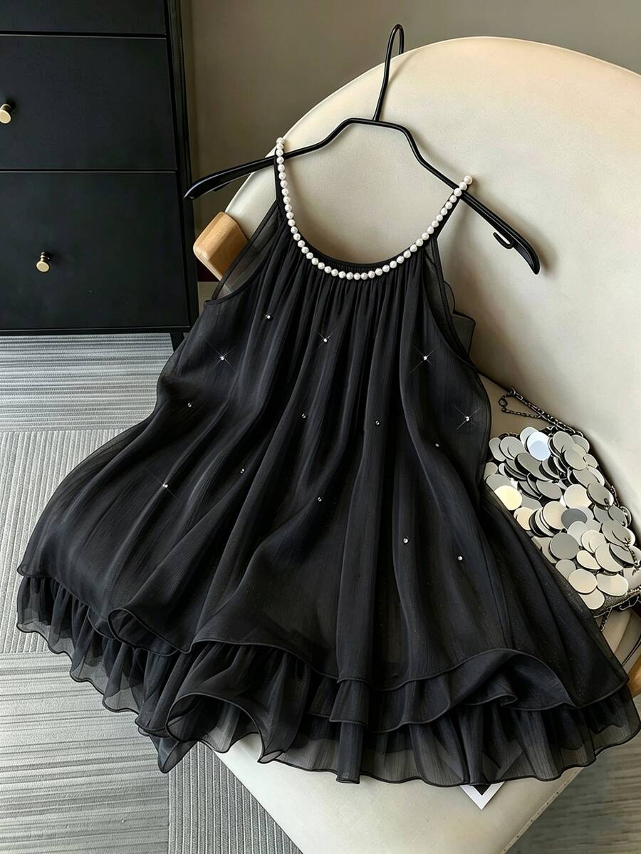 GlowEve CURVE Women's Plus Size Spring/Summer Dress, Suitable For Romantic Dates, Daily Commute Sweet Outfit, Beaded Halter Neck Plus Size Dress - Black - View 1