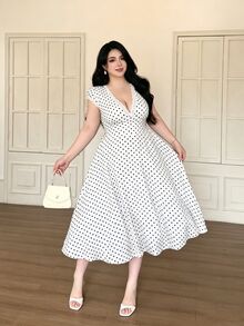 Vibekara Plus Size Spring/Summer Polka Dot Lace Deep V-Neck Dress - White - View 3