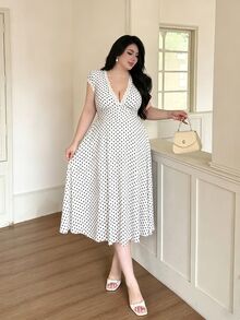 Vibekara Plus Size Spring/Summer Polka Dot Lace Deep V-Neck Dress - White - View 6