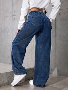 青少年女孩 Y2K 時尚深藍色牛仔底保暖寬鬆直筒牛仔褲，適合黑色上學冬季穿搭 - 藍色 - 查看 2