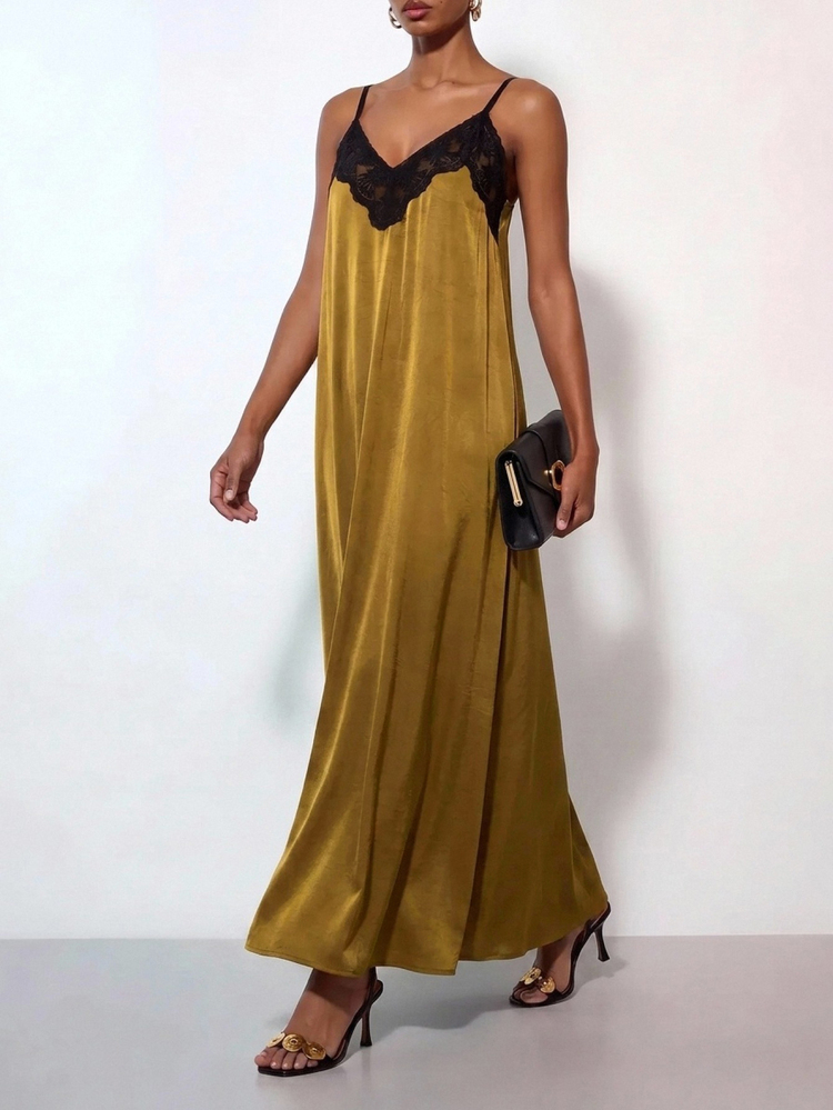 Zivah New Summer/Autumn Casual Commute Vacation Loose Satin Colorblock Lace Trim Spaghetti Strap A-Line Long Dress For Women, Suitable For Daily Outings, Bohemian, Nomadic, Wedding Guest, Prom, Birthday, Beach, Party, Festival, Airport Outfit, Brunch, Shopping, Workplace, Graduation, Country Concert, Back To School - Army Green - View 5