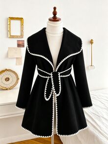 SHEIN Tween Girl Long Sleeve Fleece Fall Clothes Fall Contrast Trim Oversized Lapel Waist-Cinching Overcoat, Premium Vintage Style - Black - View 9