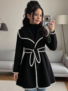 SHEIN Tween Girl Long Sleeve Fleece Fall Clothes Fall Contrast Trim Oversized Lapel Waist-Cinching Overcoat, Premium Vintage Style - Black - View 1