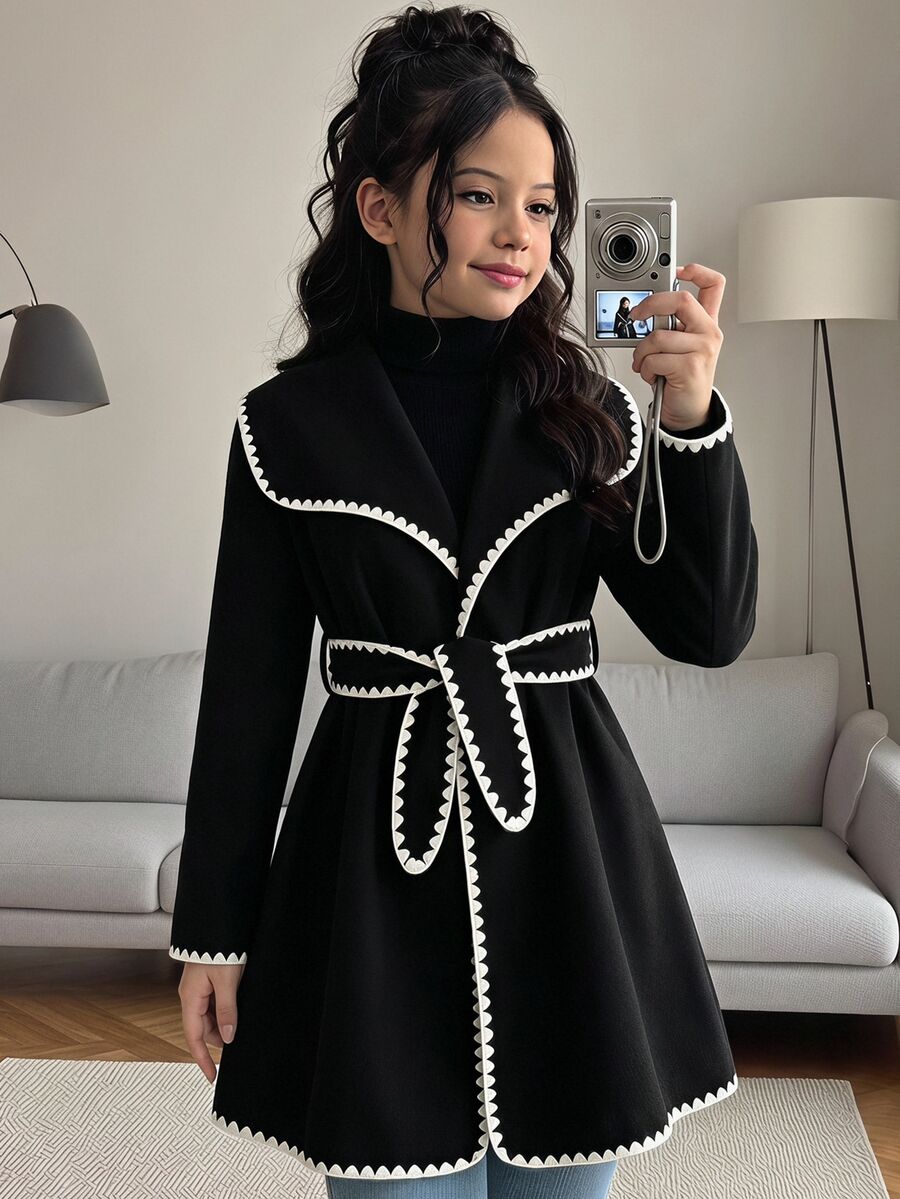 SHEIN Tween Girl Long Sleeve Fleece Fall Clothes Fall Contrast Trim Oversized Lapel Waist-Cinching Overcoat, Premium Vintage Style - Black - View 1
